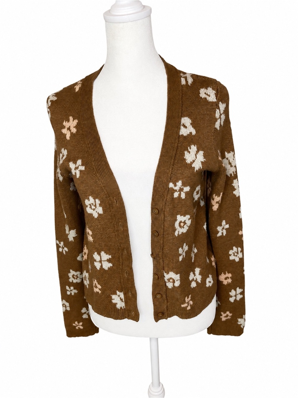 Brown, Pink, and White Floral Knit Cardigan Sweater